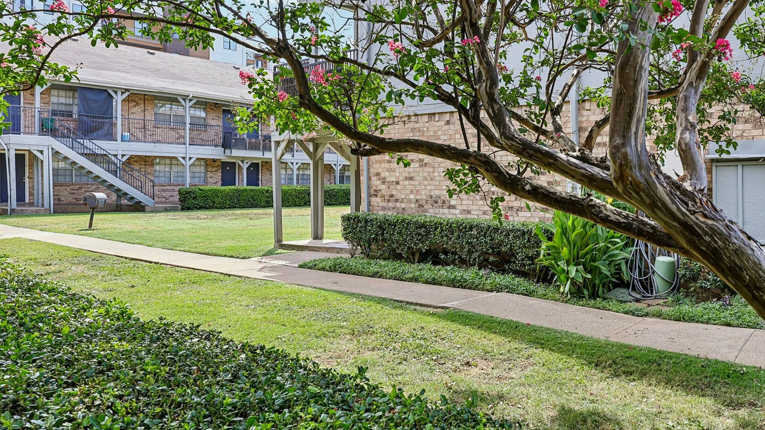 Charming apartment exterior with a lush landscaped courtyard and vibrant flowering tree, offering a serene residential atmosphere.