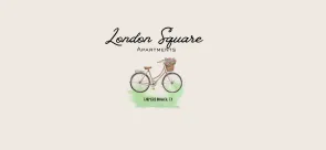Charming logo for London Square Apartments featuring a vintage bicycle with a floral basket, embodying elegance and tranquility.