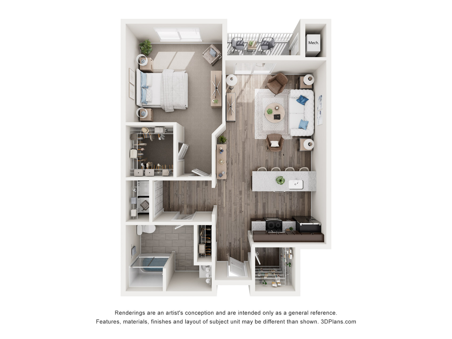 Modern 1-bedroom apartment floor plan with sleek open-concept living and kitchen areas, stylish balcony, and convenient walk-in closet.