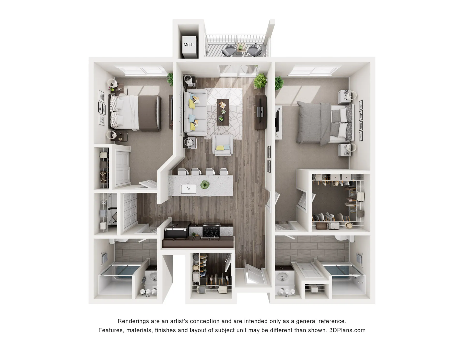 Contemporary 3D floor plan featuring 2 spacious bedrooms, open-concept living and dining area, modern kitchen with island, and 2 elegant bathrooms.