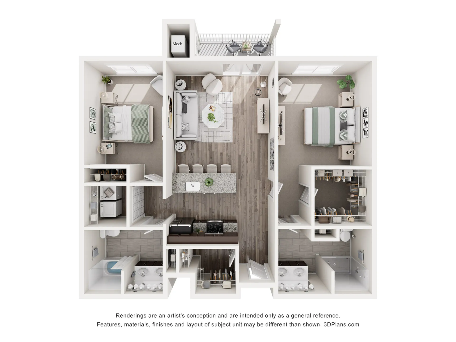 Modern floor plan featuring two spacious bedrooms, an inviting open-concept living and dining area, and a sleek kitchen with a large island.