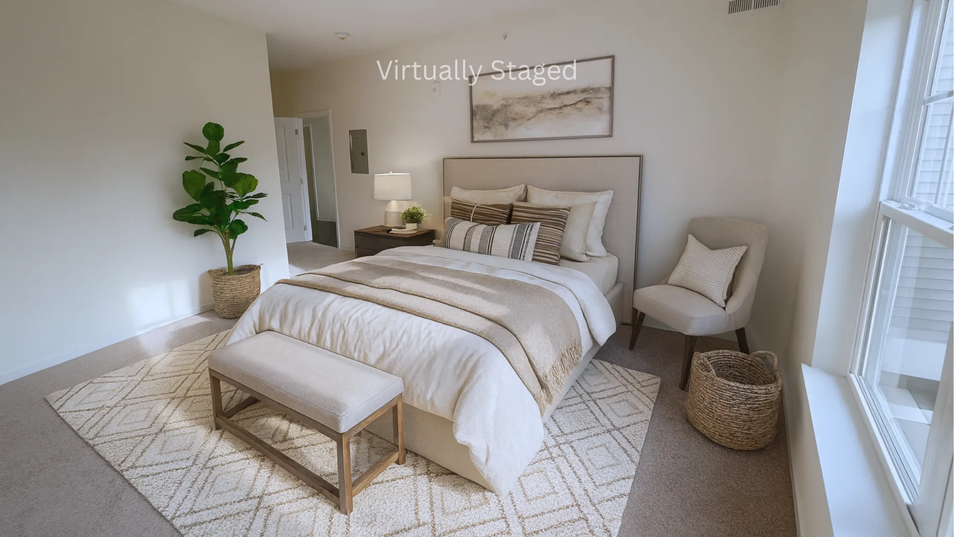 Virtually staged bedroom with elegant d&eacute;cor, featuring a plush bed, cozy seating area, and abundant natural light.