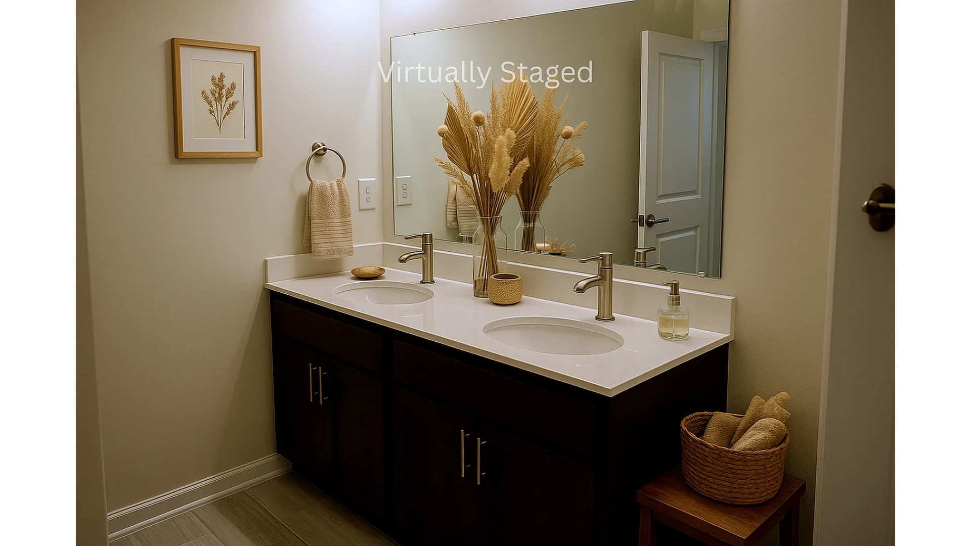 Elegantly staged bathroom with double vanity, modern fixtures, and cozy decor elements.