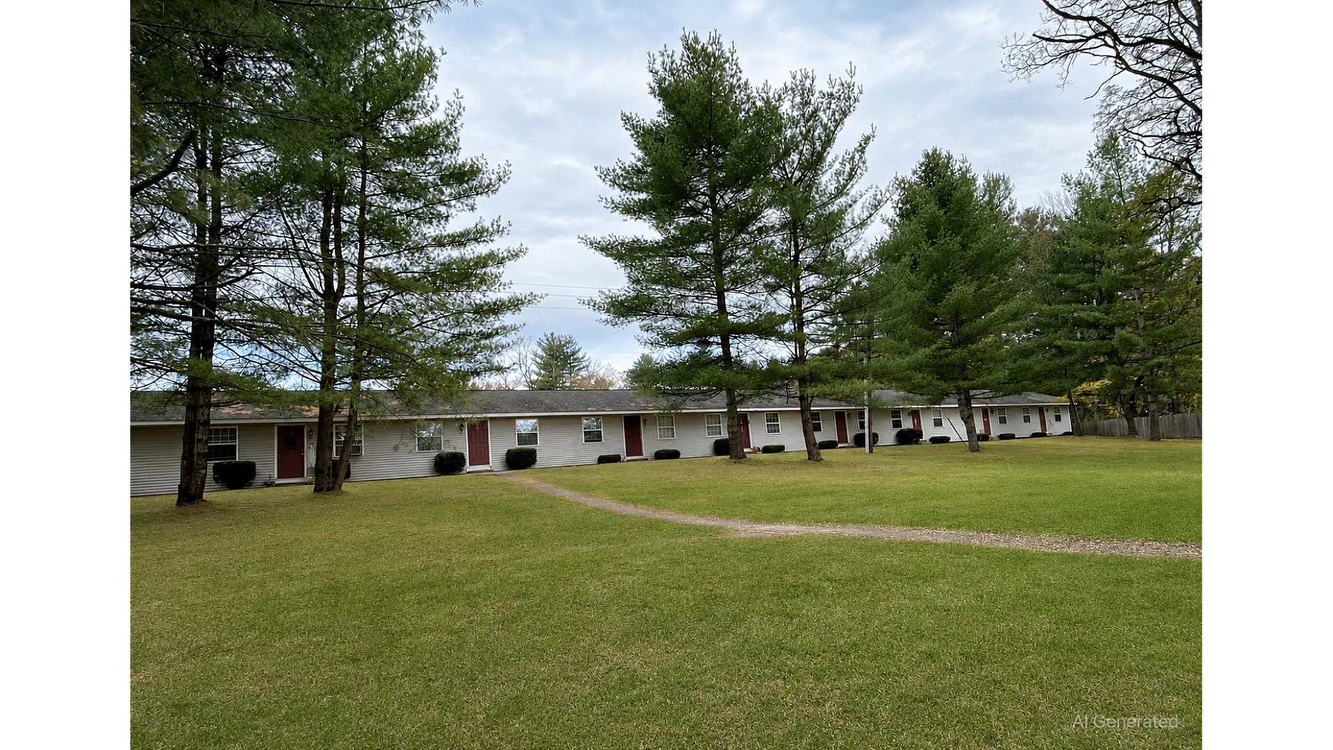 Charming ranch-style apartments nestled among lush green lawns and tall, serene pine trees.
