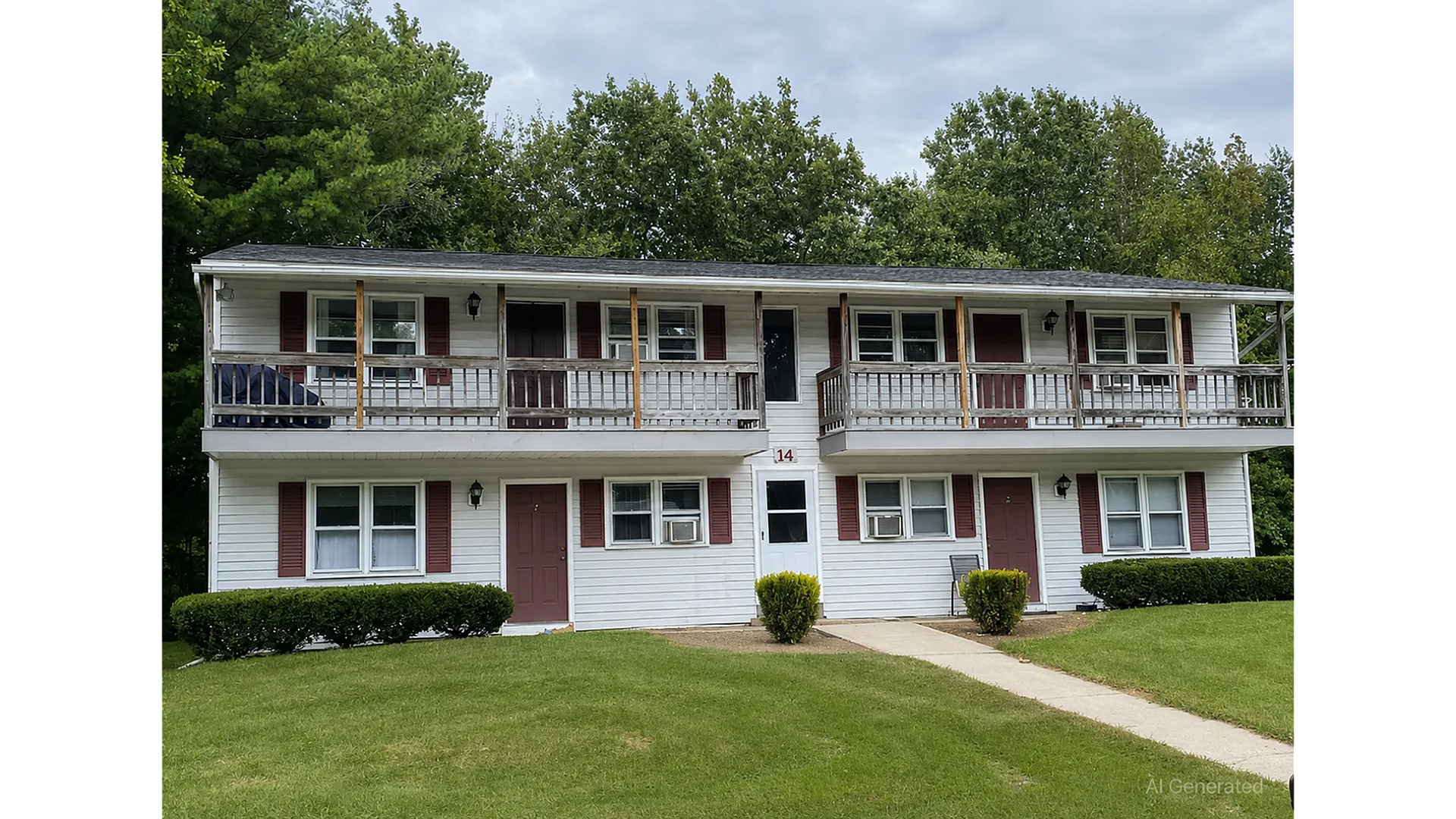 Charming two-story apartment building with balconies, surrounded by lush greenery and a well-maintained lawn.