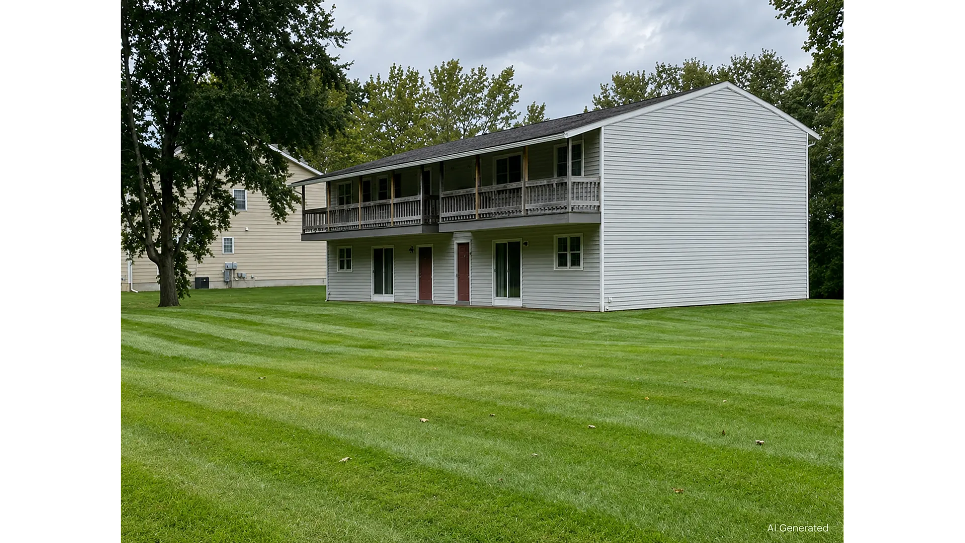 Charming two-story apartment building with white siding and spacious balconies, nestled in lush green surroundings.