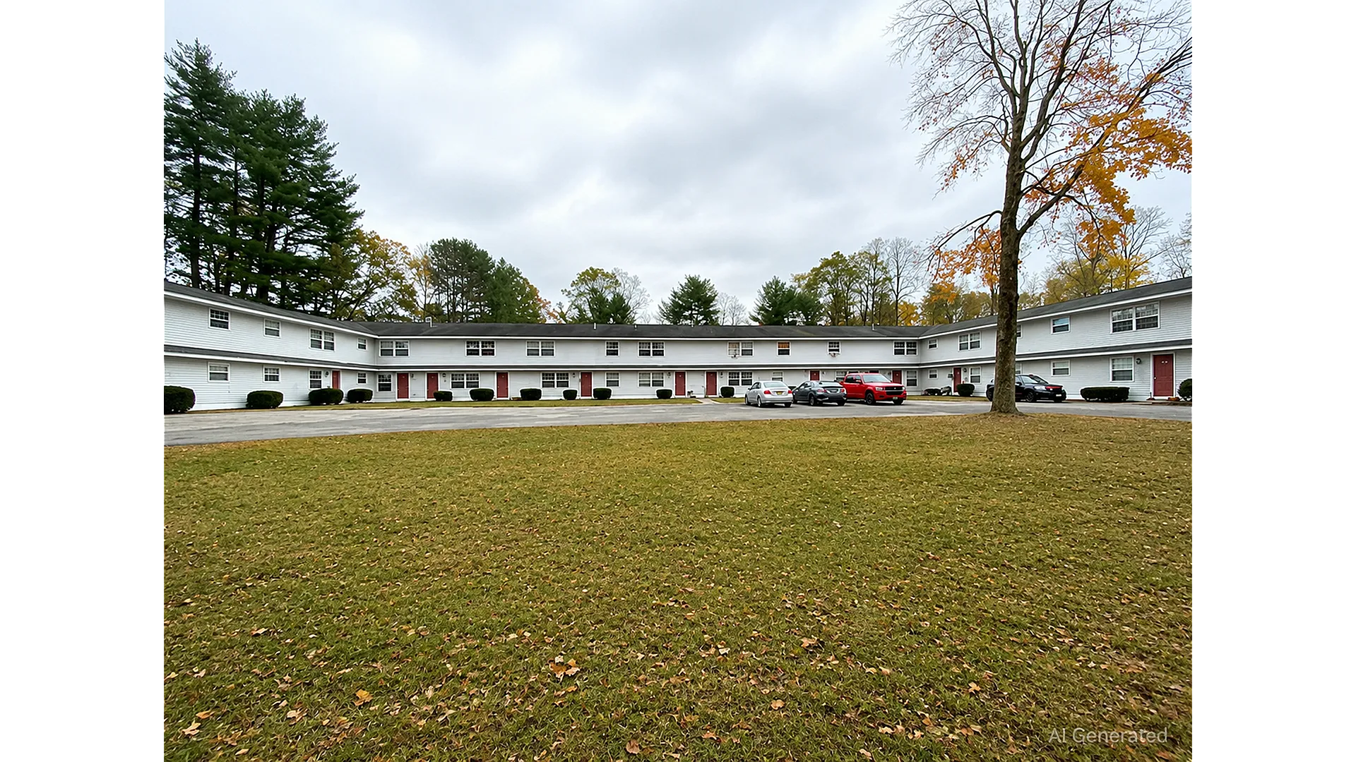 Charming two-story apartment complex with spacious grassy courtyard and ample parking, surrounded by lush trees.