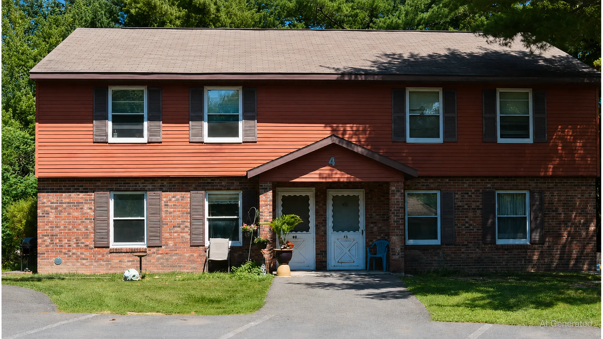 Charming two-story brick and wood duplex with inviting front doors and well-maintained lawn, surrounded by lush greenery.