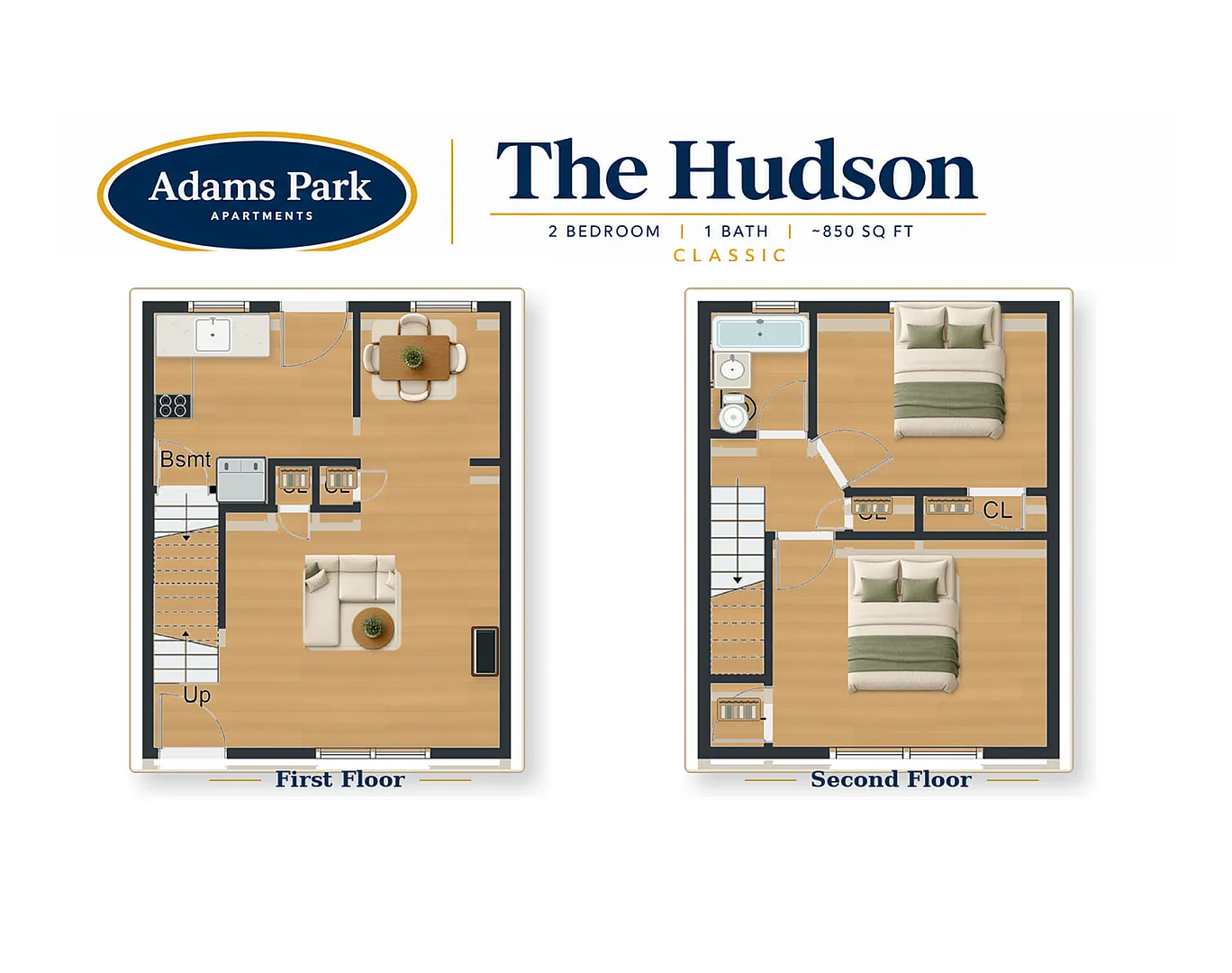 The Hudson floor plan: classic 2 bedroom, 1 bath townhome, about 850 sq ft, 1st and 2nd floor - Adams Park Apartments, Albany NY