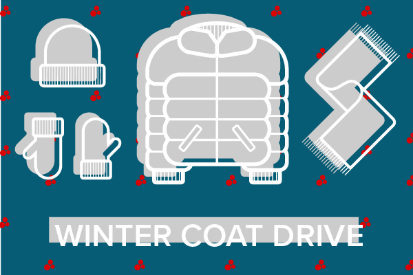 vector are of a puffy coat, gloves, scarf, and hat in white over grey silhouettes on a blue background with berries in the background
