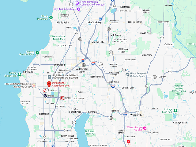Map highlighting Park Ballinger Apartments in a vibrant neighborhood near parks and amenities in Washington.