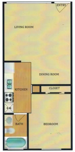 Modern floor plan showcasing a sleek 1-bedroom apartment with spacious living room, efficient kitchen layout, dedicated dining area, and stylish bath.
