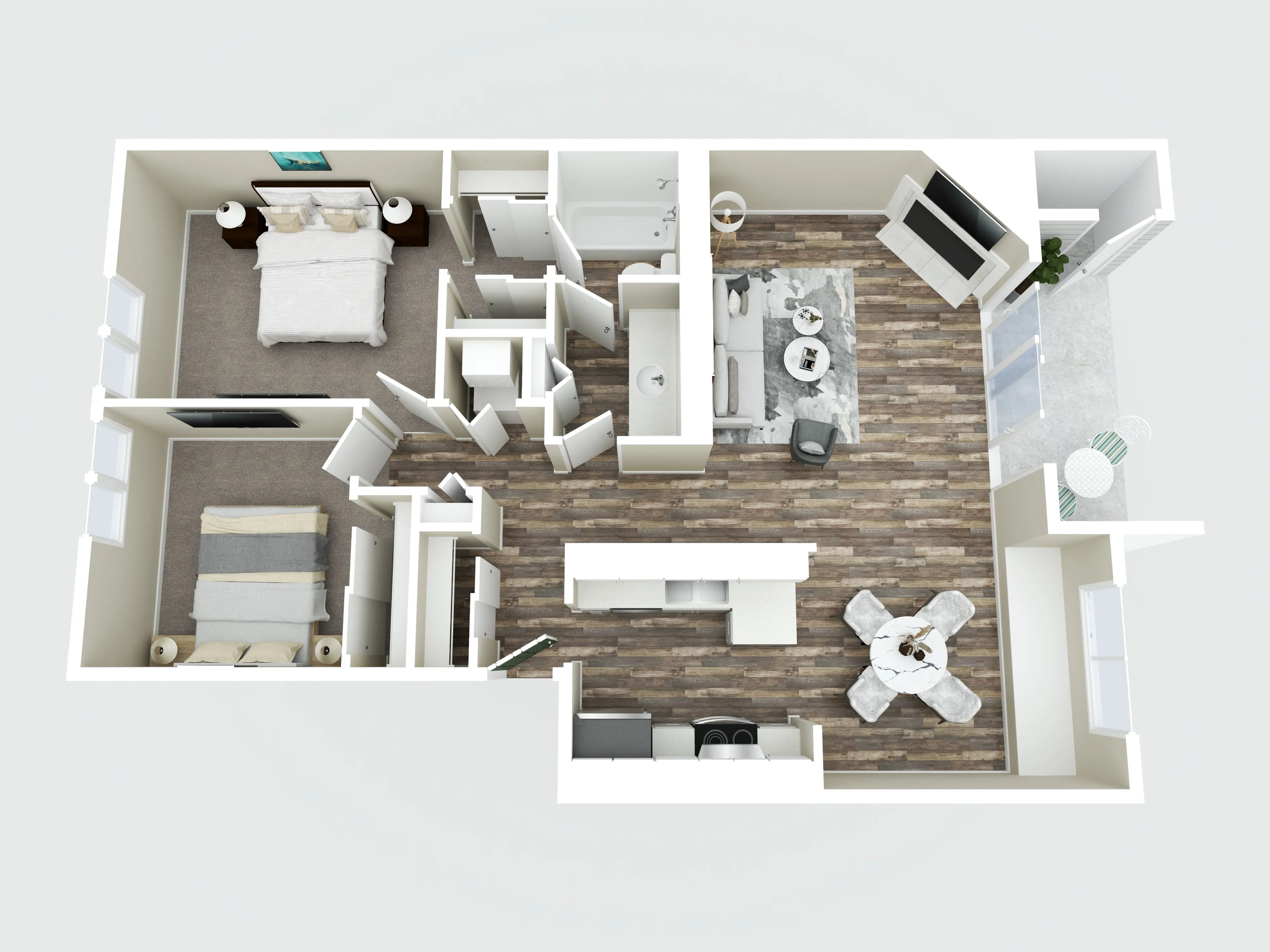 Modern 2D floor plan featuring 2 bedrooms, a cozy living room, sleek kitchen, and elegant dining area with access to a private balcony.