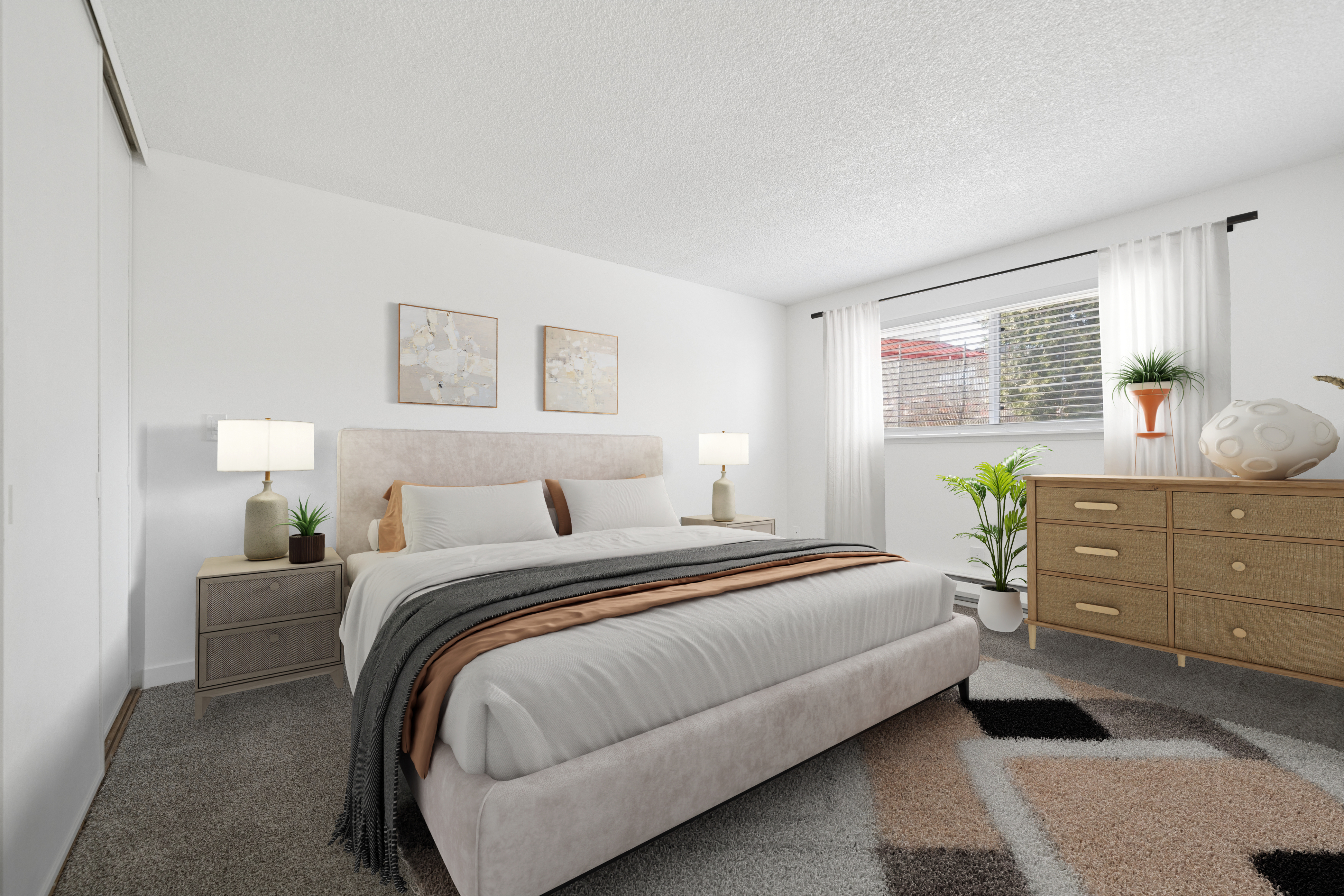 Cozy and elegant bedroom with modern decor, featuring a plush bed, stylish bedside lamps, and a spacious window for natural light.