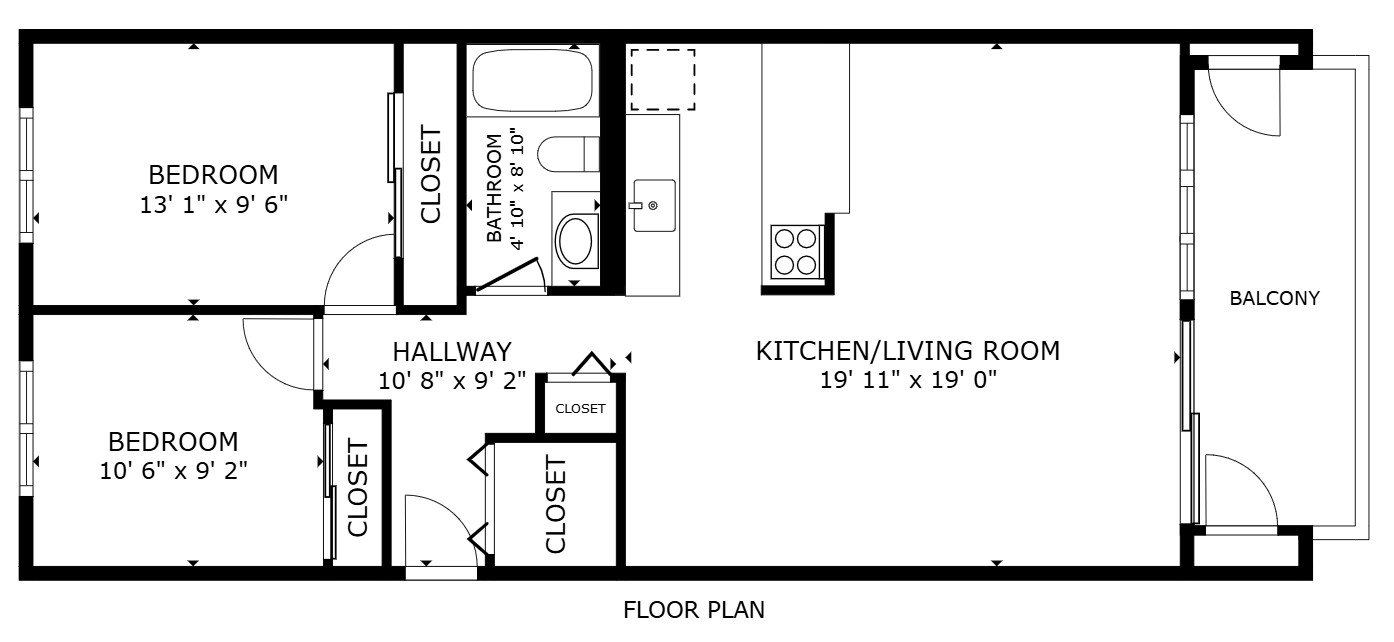 Chic floor plan showcasing 2 bedrooms, a modern kitchen/living room space, accessible hallway, and a cozy balcony.