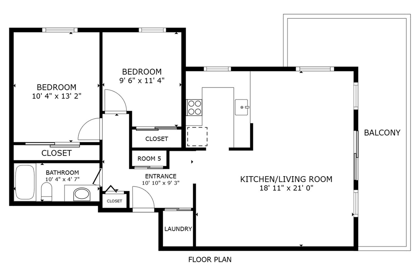 Spacious floor plan showcasing 2 bedrooms, a large open kitchen and living area, plus an inviting balcony.
