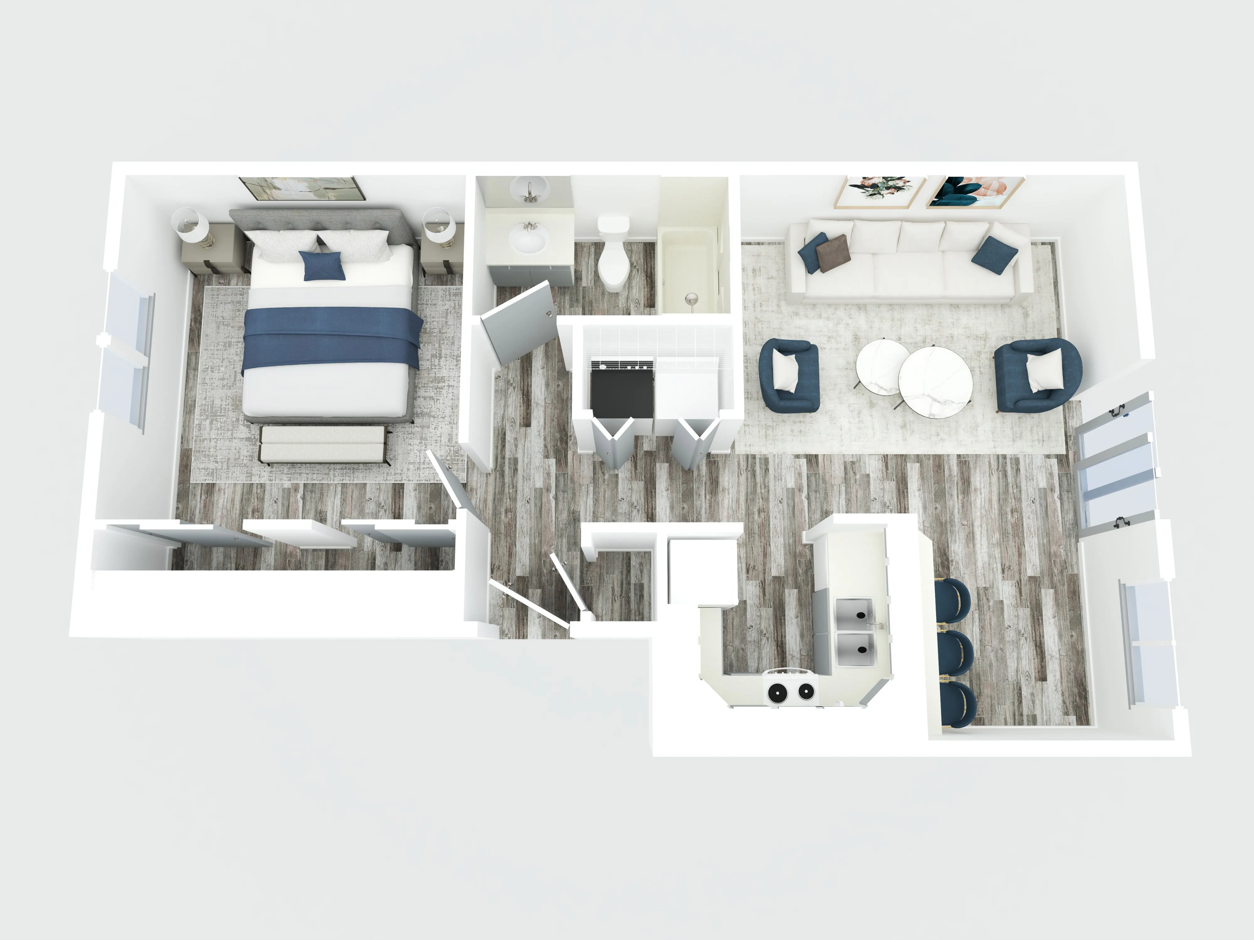 3D floor plan of a one-bedroom apartment with open living area and modern kitchen.