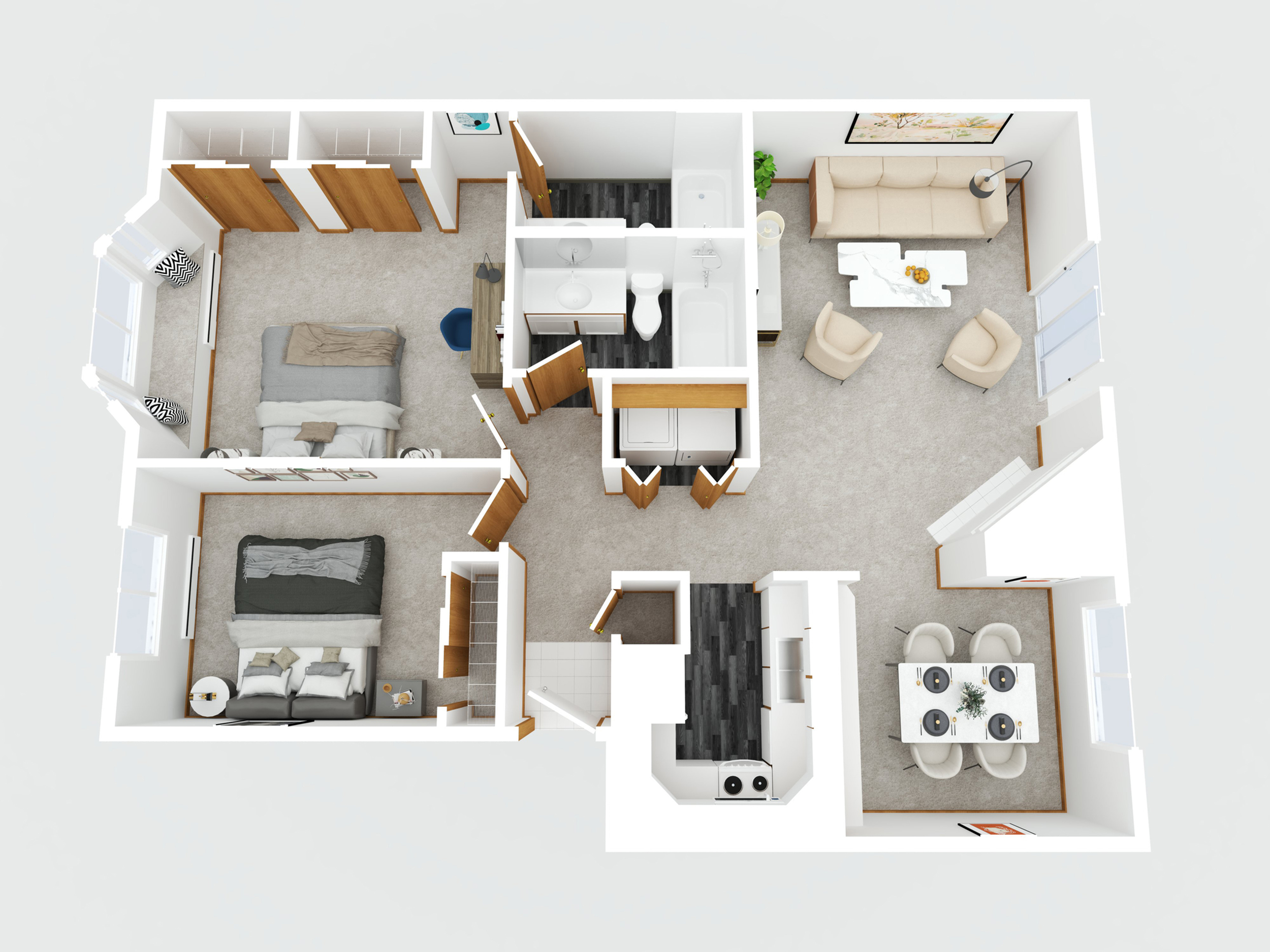 3D floor plan of an apartment featuring 2 bedrooms, a cozy living room, dining area, and modern kitchen.