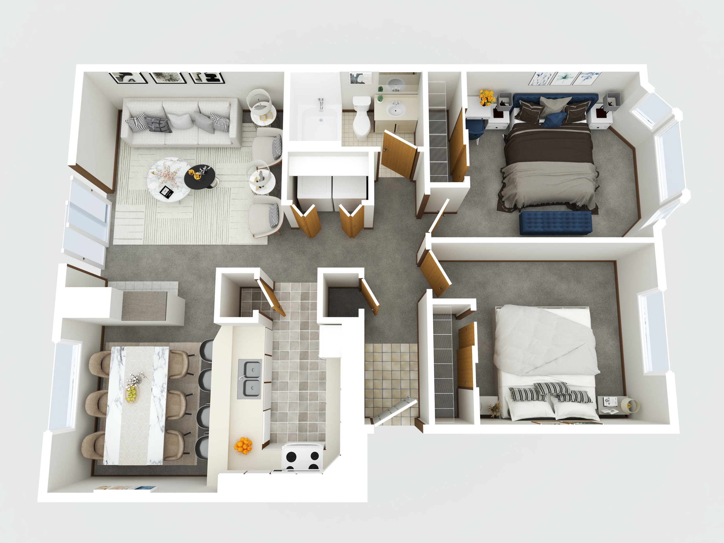 Modern 3D floor plan showcasing 2 bedrooms, open living area, and sleek kitchen design.