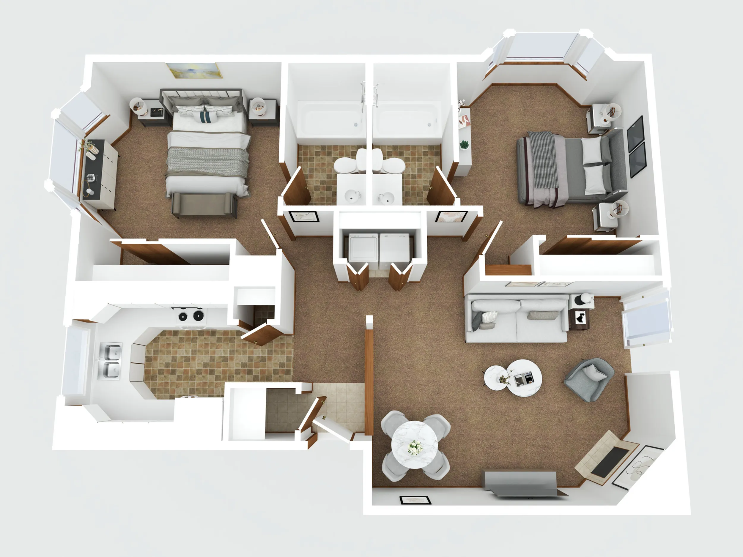 3D floor plan showcasing two bedrooms, a modern living room, and a well-equipped kitchen.