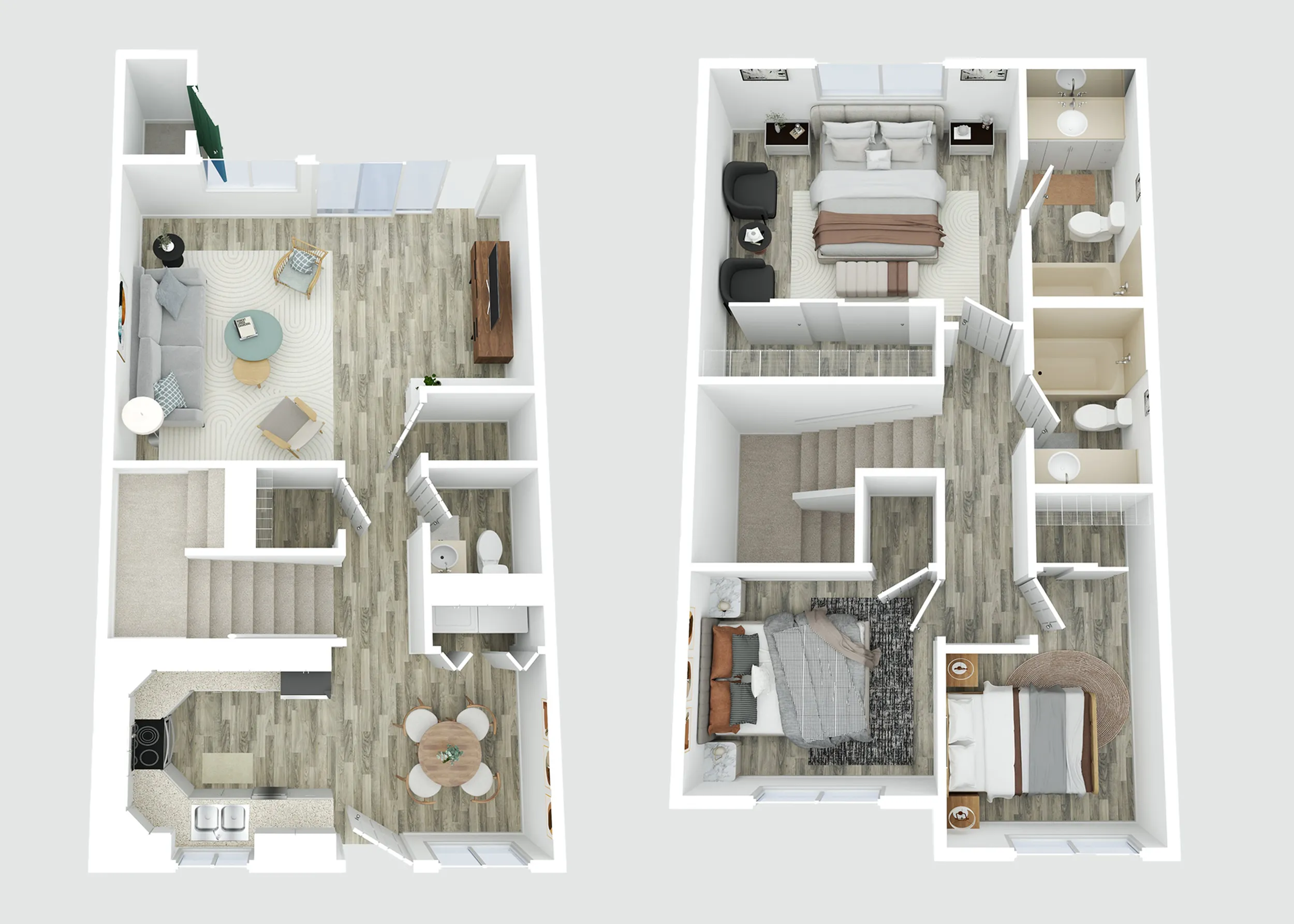 3D floor plan of a stylish two-story apartment featuring a spacious living area, modern kitchen, and three cozy bedrooms on the second floor.