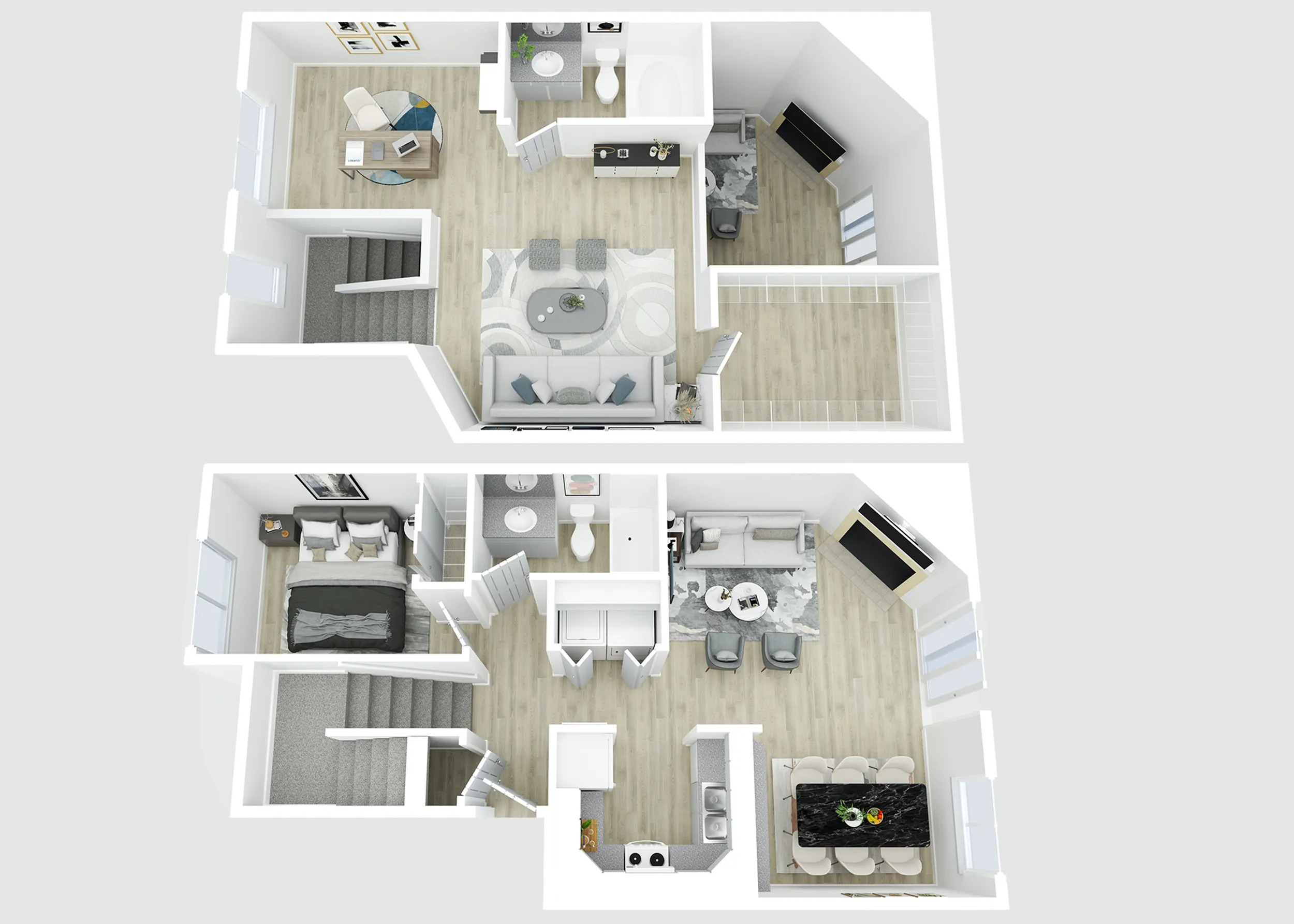 Bright and modern floor plan displaying a duplex with an open living area, multiple bedrooms, and stylish kitchen.