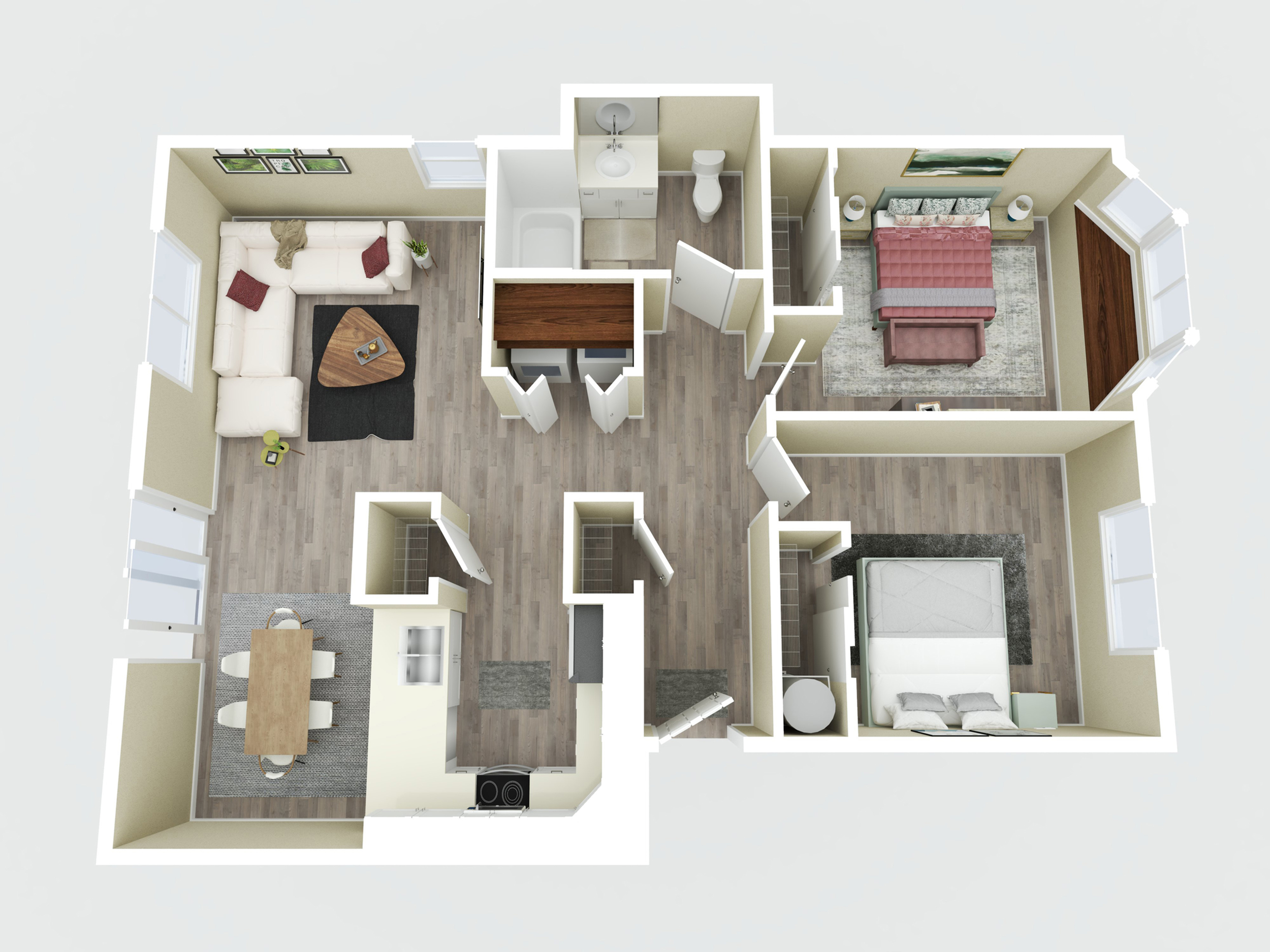 Elegant 3D floor plan featuring 2 bedrooms, a spacious living room, and a contemporary kitchen.