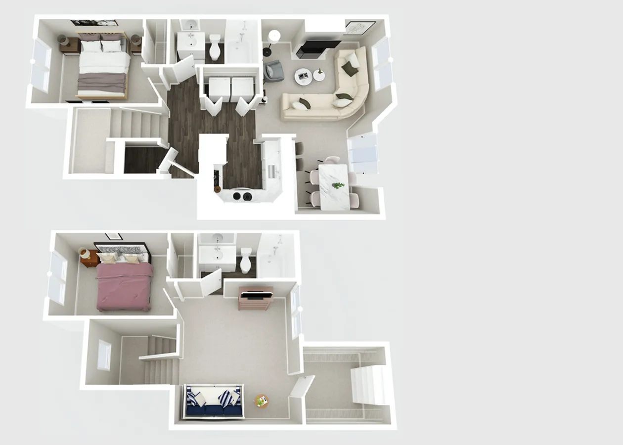 Inviting 3D floor plan showcasing 3 bedrooms, stylish living area, modern kitchen, and elegant bathrooms on two levels.