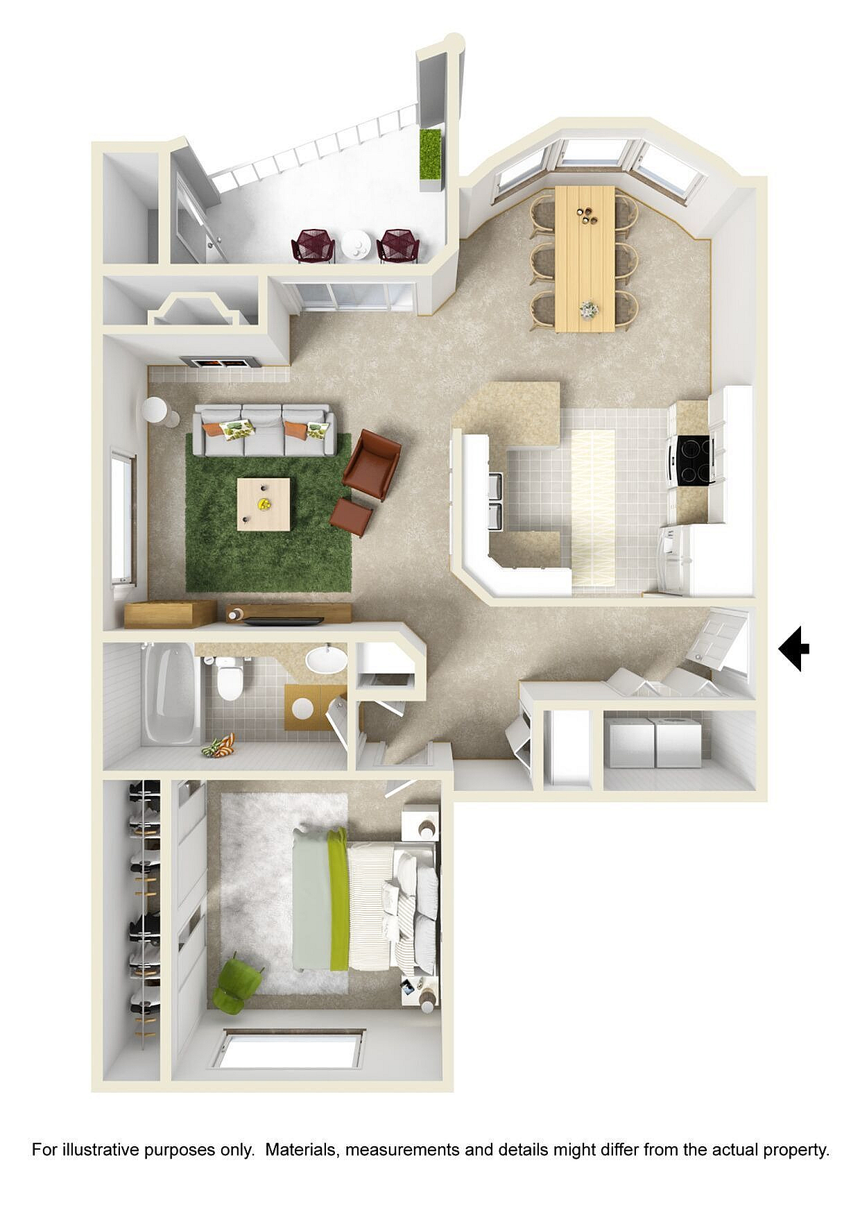 Elegant 3D floor plan showcasing a modern one-bedroom apartment with a spacious living room, stylish kitchen, private balcony, and luxurious bathroom.