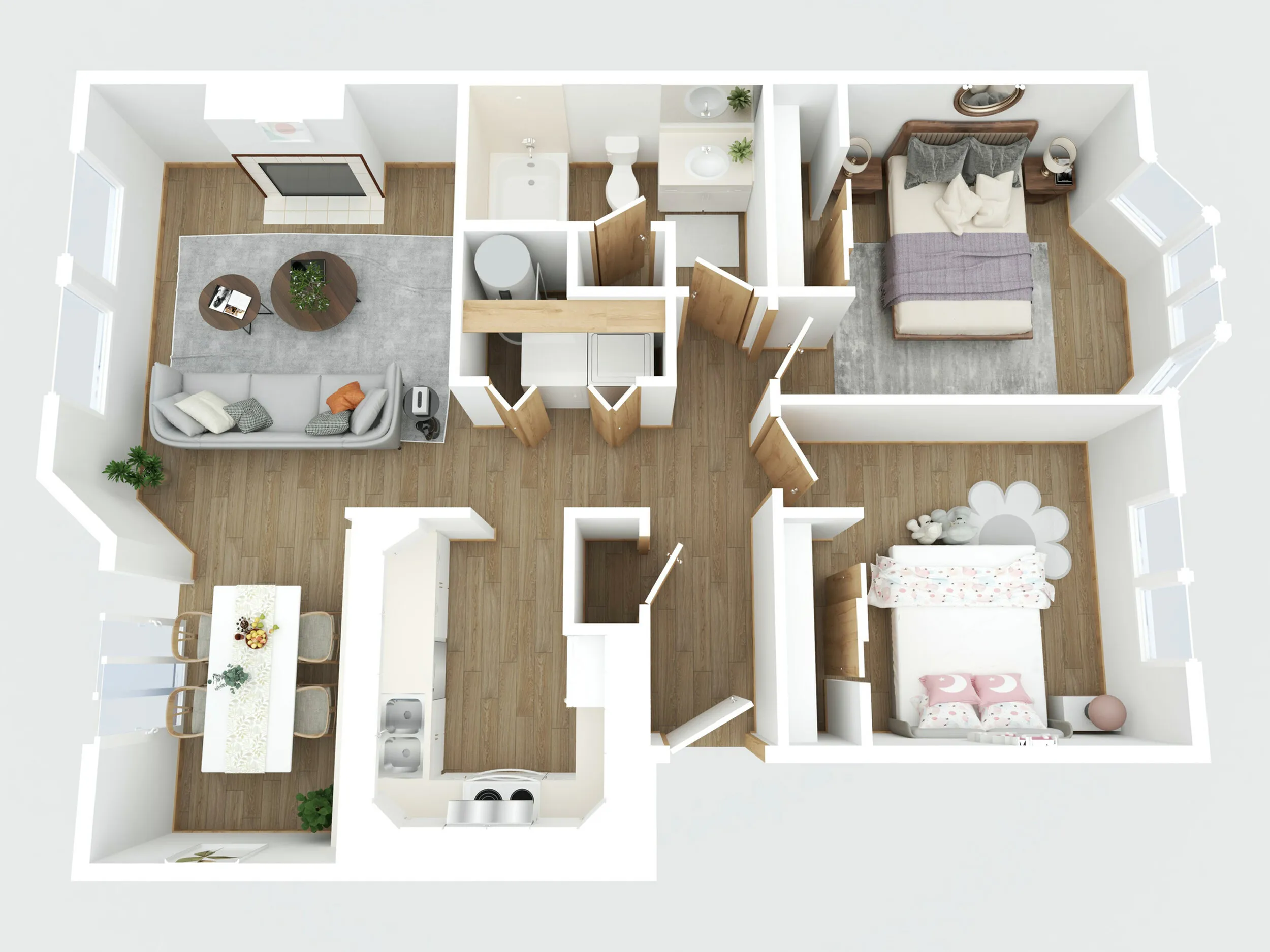 Charming 3D floor plan showcasing 2 bedrooms, modern kitchen, and inviting living area with elegant wooden flooring.