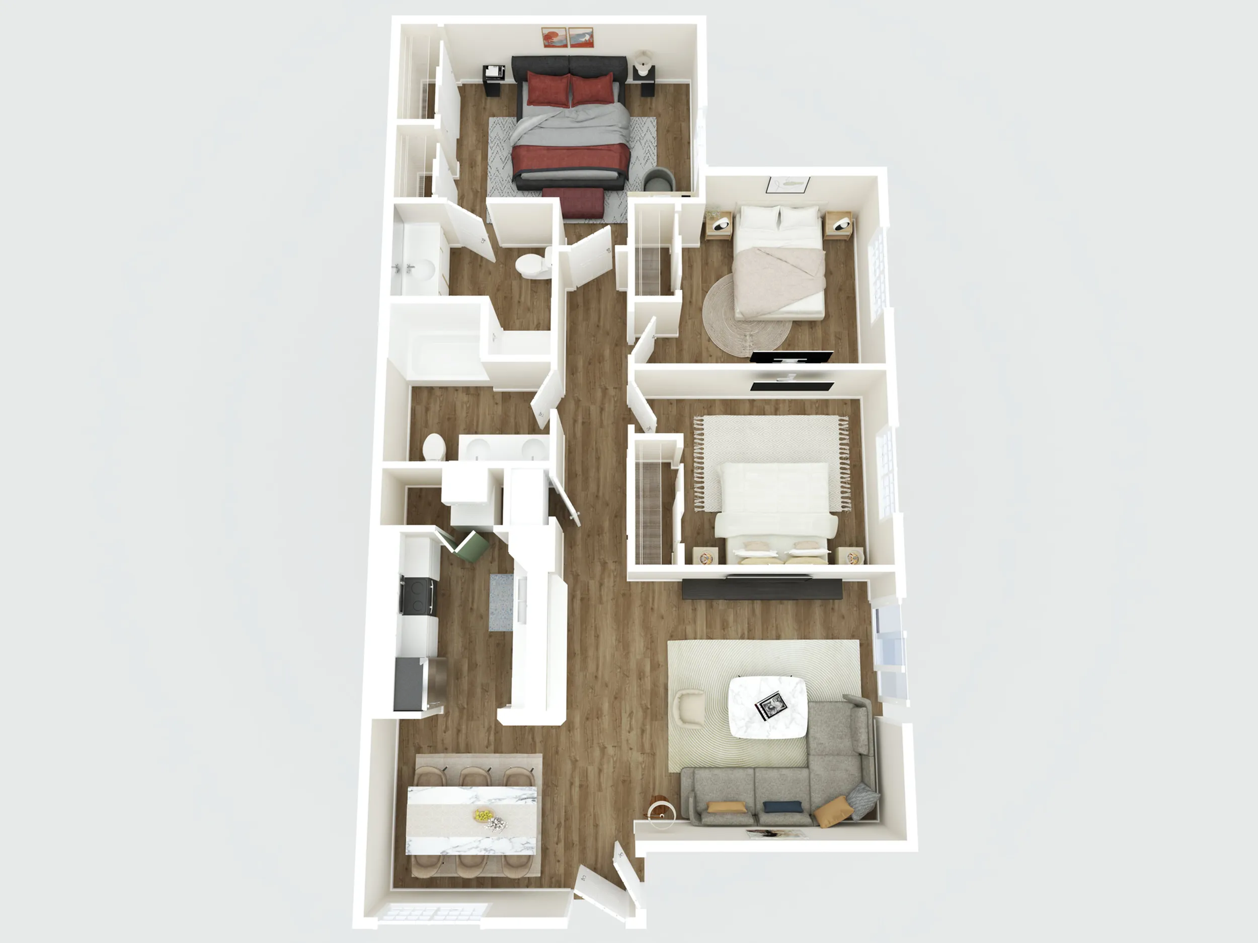 Modern 3D floor plan showcasing 3 spacious bedrooms, inviting living area, and sleek kitchen with dining space.