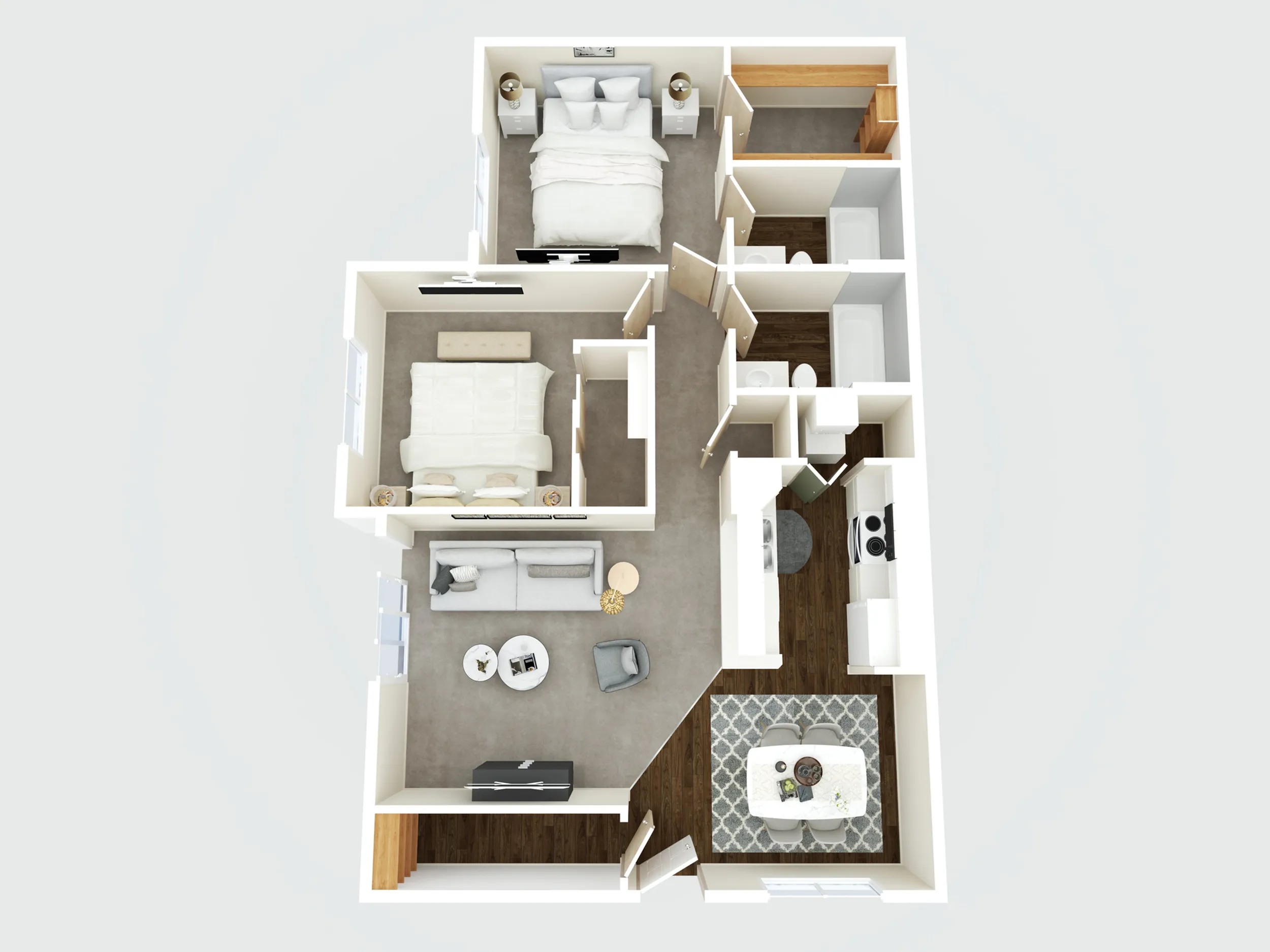 Chic 3D floor plan showcasing a modern 2-bedroom apartment with a cozy living room, elegant kitchen, and two bathrooms.