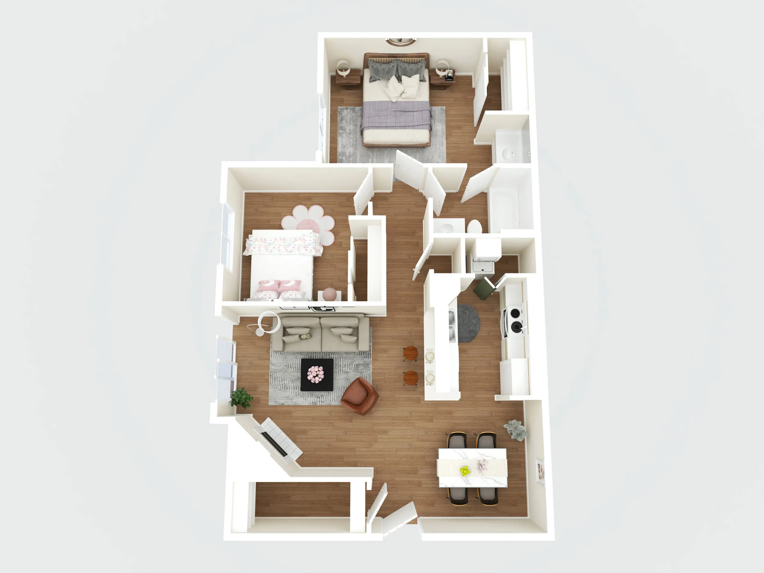 Charming 3D floor plan showcasing 2 bedrooms, an elegant living area, modern kitchen, and dining space.