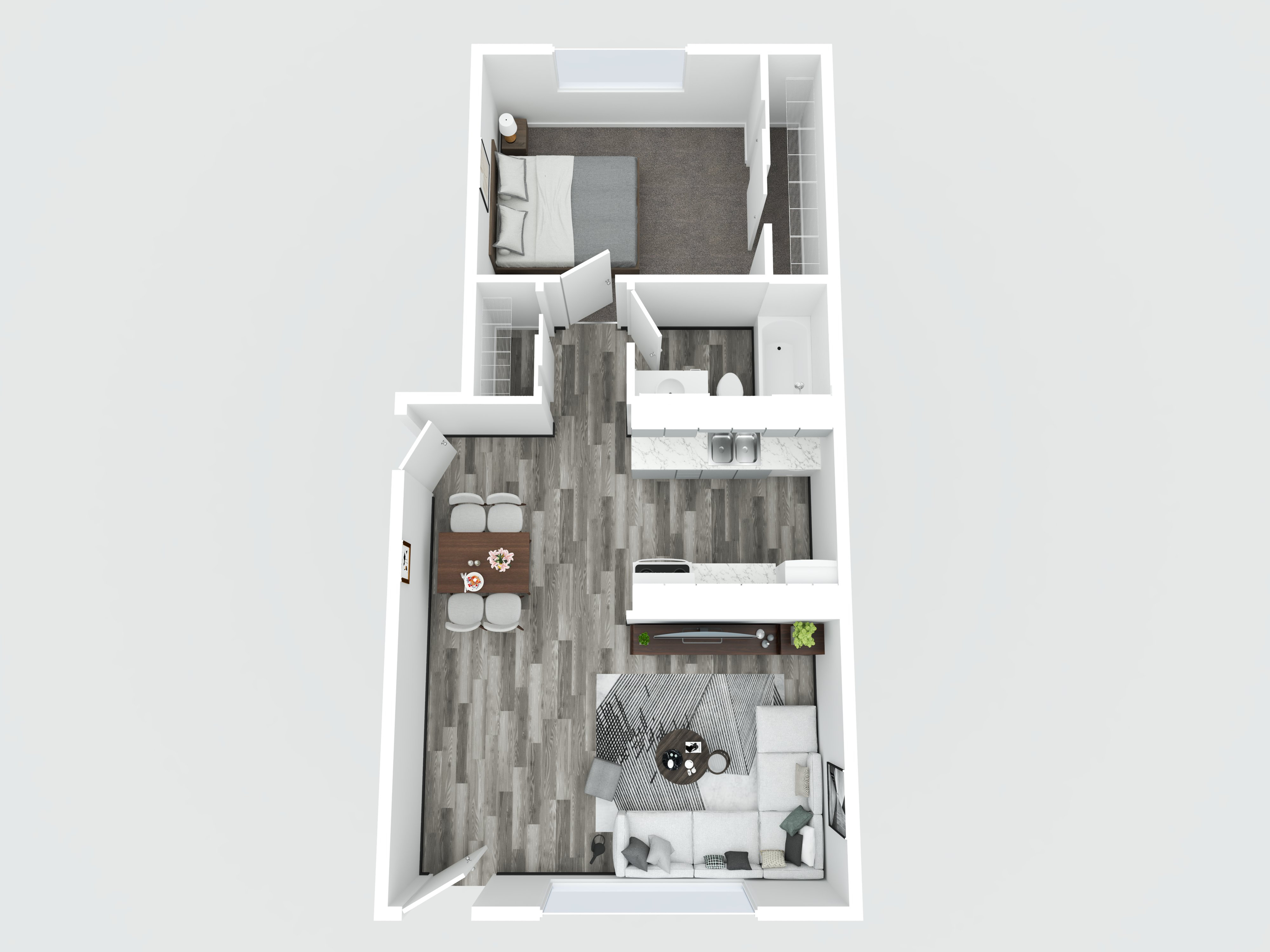 Modern 3D floor plan featuring one bedroom, an elegant living area, and a sleek open kitchen with dining space.