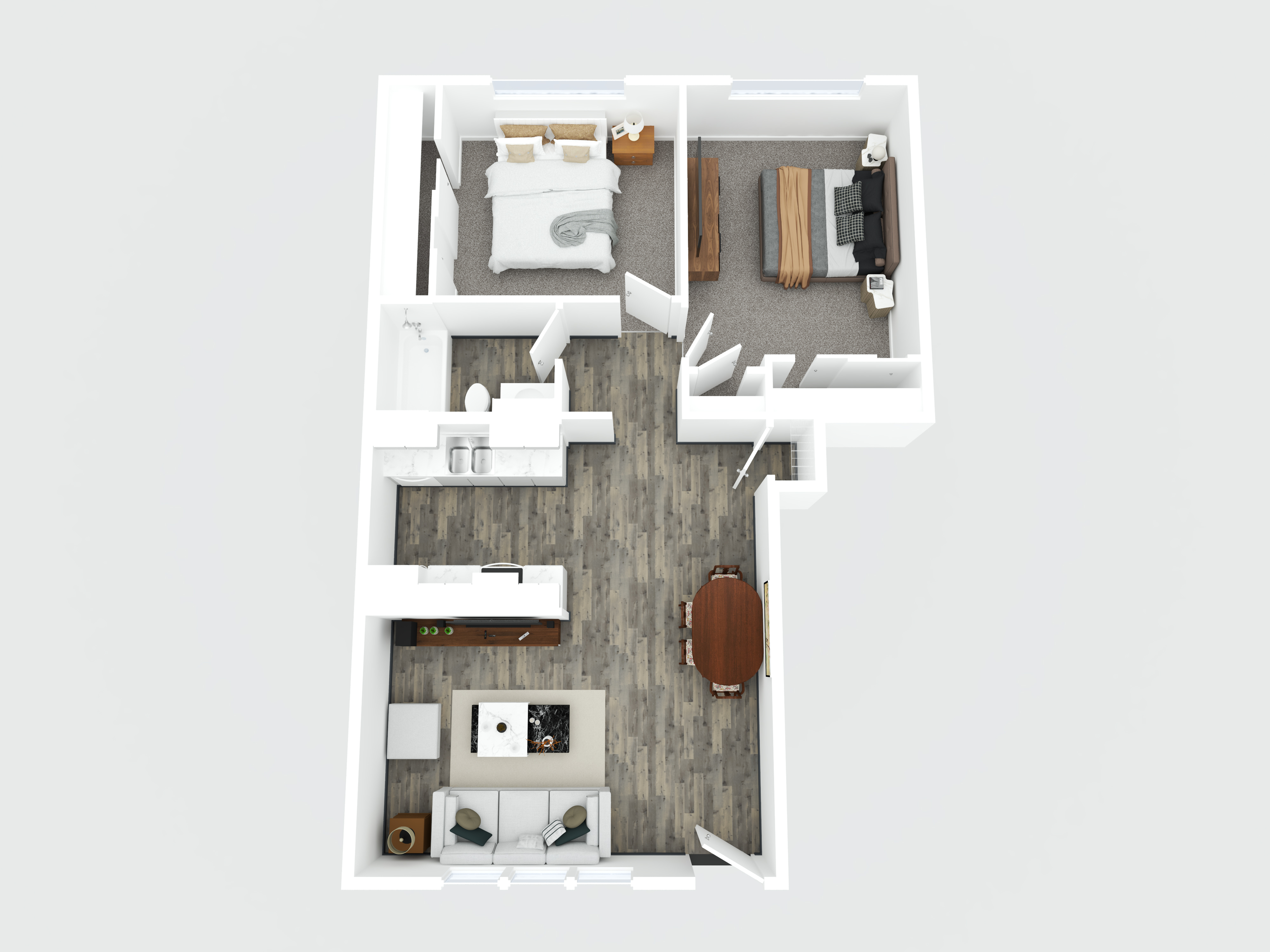 Chic 3D rendering of a modern apartment layout showcasing 2 bedrooms, a spacious kitchen, and an inviting open-plan living area.