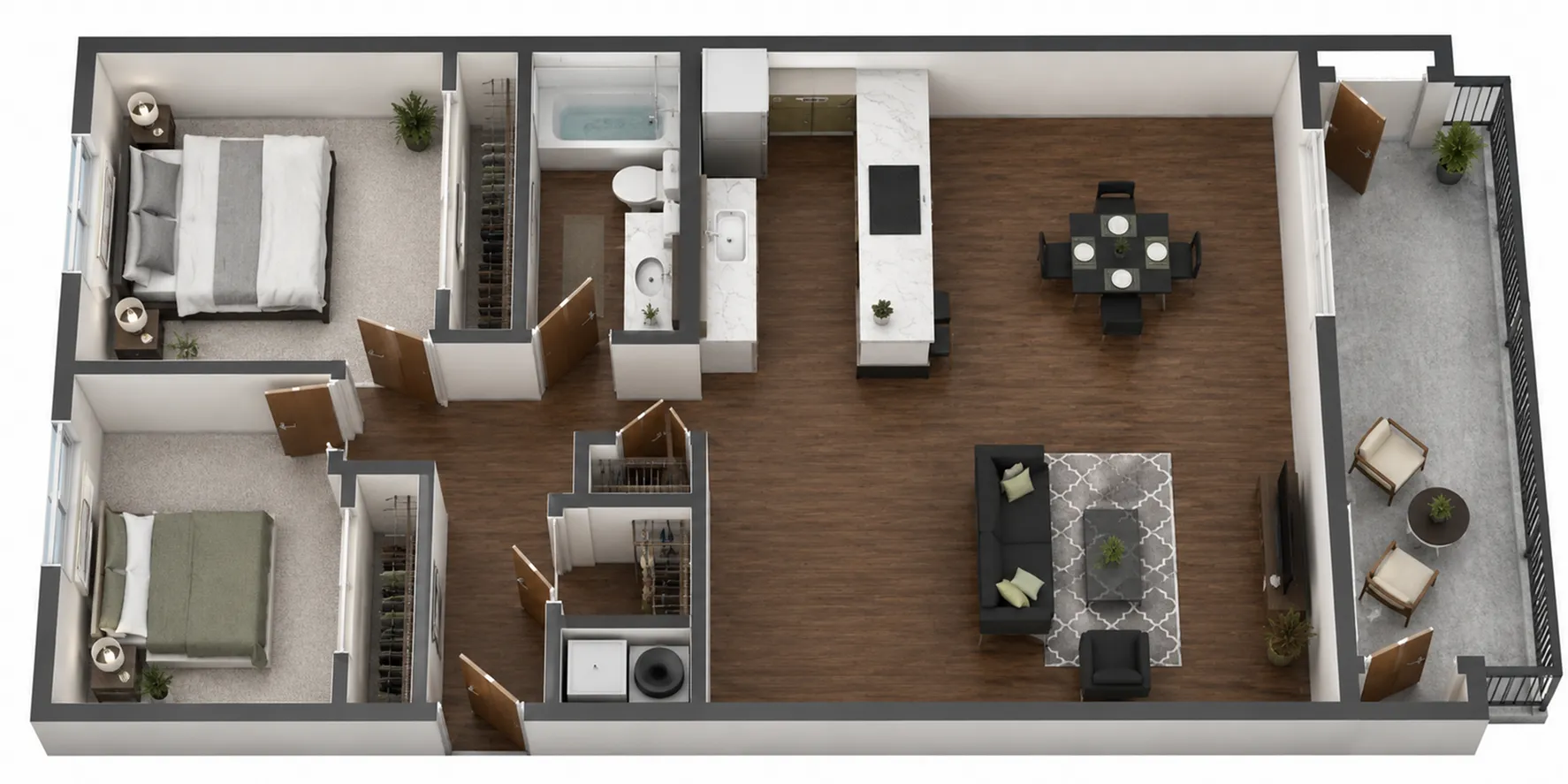Elegant 3D floor plan showcasing a modern 2-bedroom apartment with an open-plan living and dining area, sleek kitchen, luxury bathroom, and private balcony.
