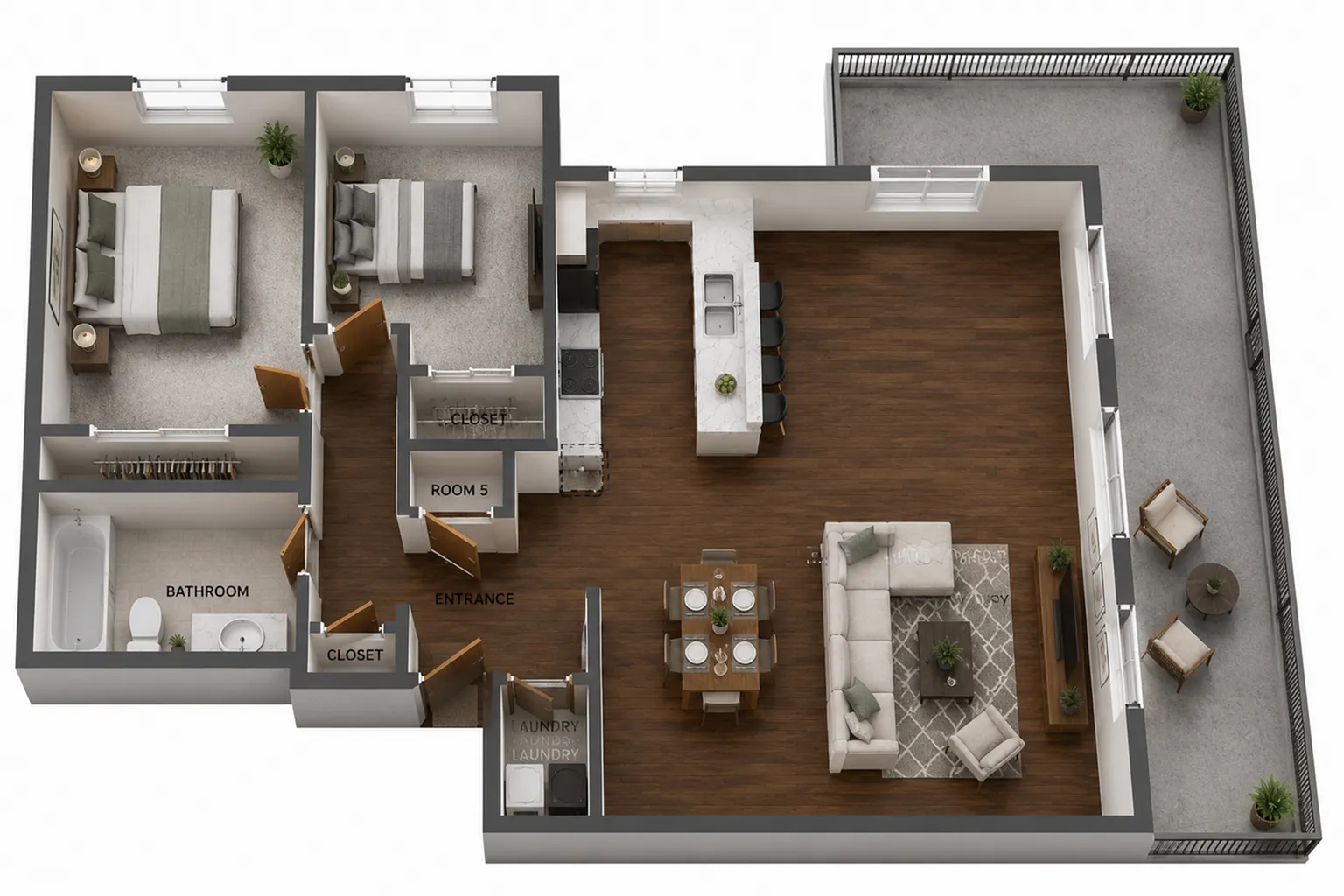 Modern 3D floor plan featuring two bedrooms with plush carpeting, an elegant open-concept living and dining area, a sleek kitchen with a large island, and a spacious balcony perfect for relaxation.