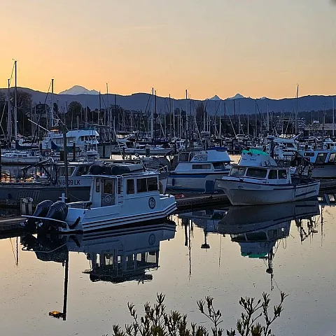 Serene marina scene at sunset with boats reflecting on calm water, framed by distant mountains and a vibrant sky.
