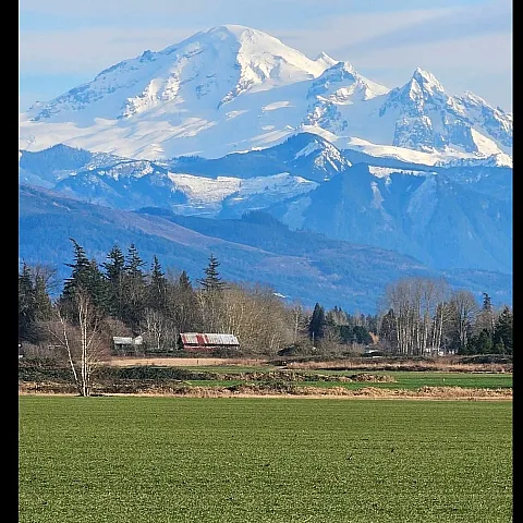 Breathtaking view of snow-capped mountains under a clear blue sky, with lush green fields and rustic barns in the foreground.