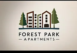 Modern logo design of Forest Park Apartments featuring stylized buildings and pine trees, conveying an urban living experience surrounded by nature.
