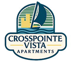Vibrant logo for Crosspointe Vista Apartments featuring a stylized sailboat, cityscape, and calming waves.