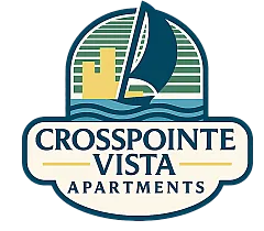 Charming Crosspointe Vista Apartments logo featuring a sailboat and modern cityscape design.