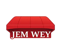 Dynamic digital artwork featuring a bold red awning with the words 'JEM WEY' against a backdrop of streaming digital lines.