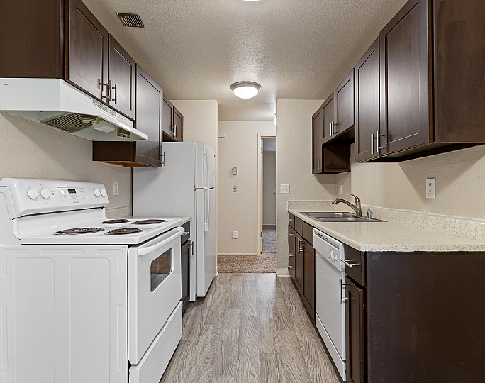 Modern galley kitchen featuring sleek dark cabinets, white appliances, and elegant wood-style flooring.