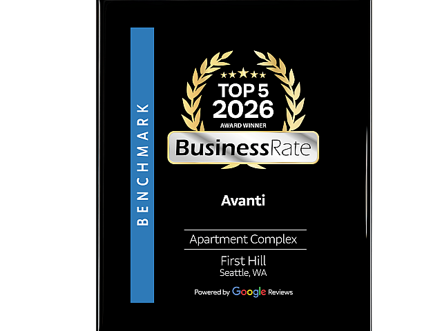 Award recognition plaque for Avanti Apartment Complex in First Hill, Seattle, rated Top 5 by BusinessRate in 2026, powered by Google Reviews.