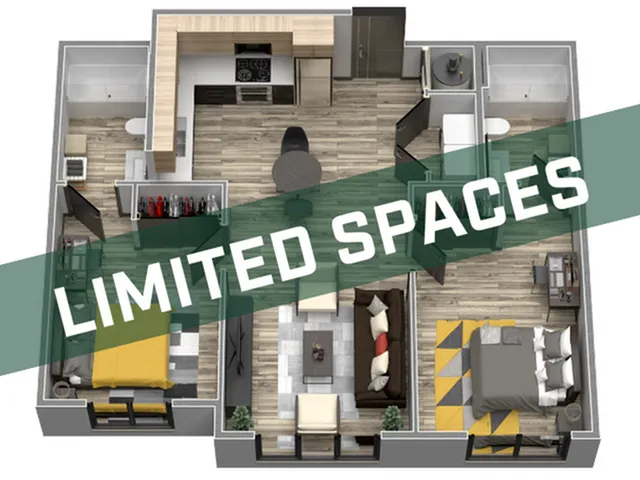 Contemporary 3D floor plan showcasing 2 chic bedrooms, stylish open-concept living and dining area, and modern kitchen. Limited spaces available.