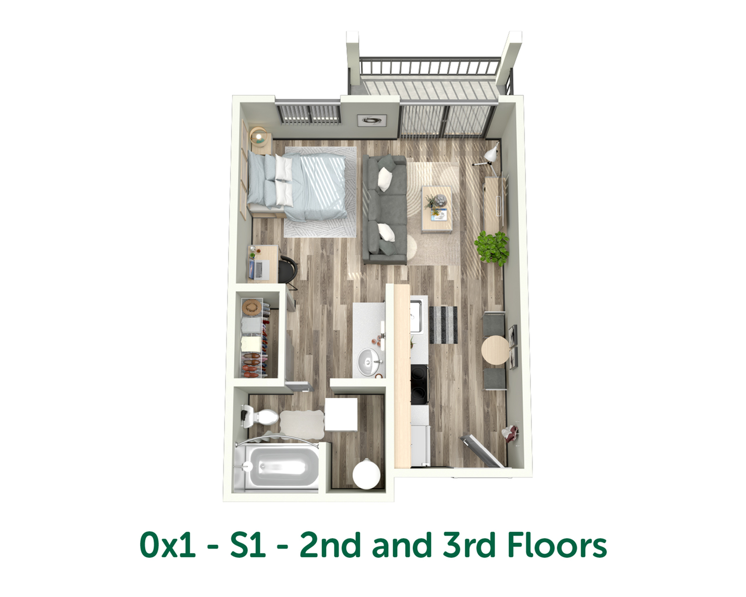 Modern studio floor plan showcasing an open-concept living and sleeping area with a compact kitchen, stylish bathroom, and private balcony. Ideal for cozy urban living on the 2nd and 3rd floors.