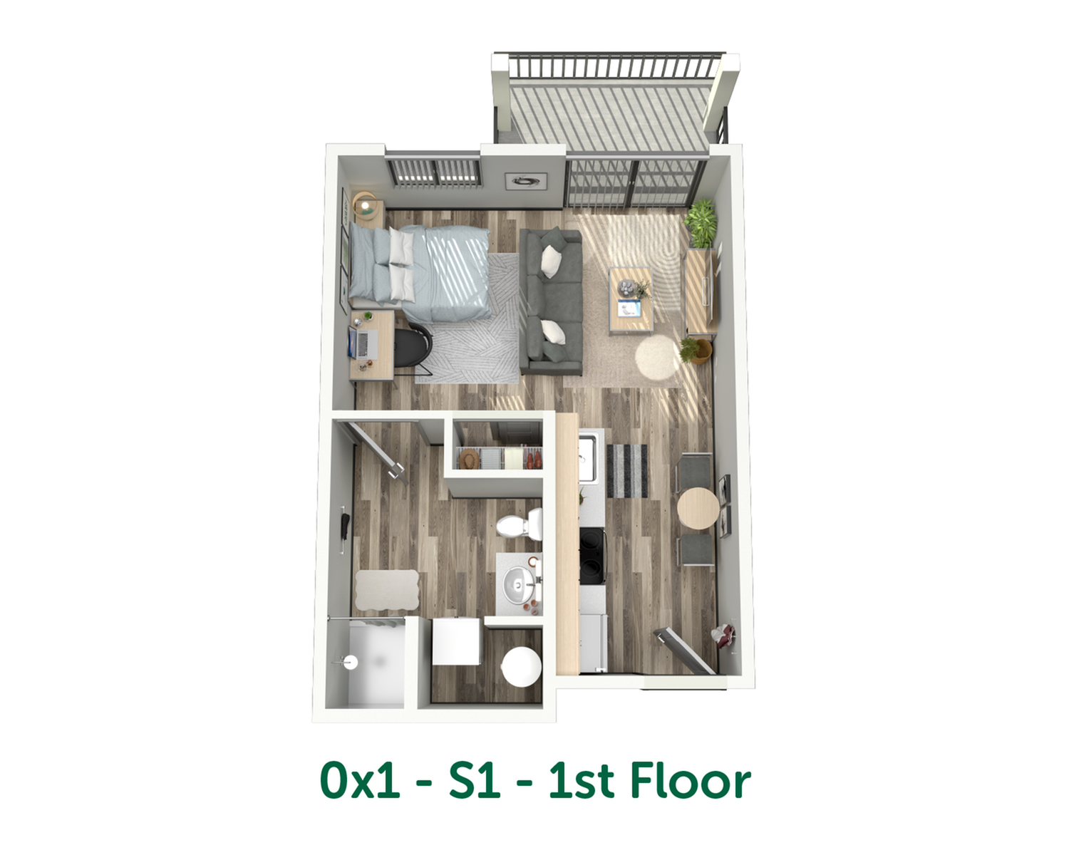 Modern 3D floor plan showcasing a chic studio layout with open living area, cozy bedroom space, and private balcony on the first floor.