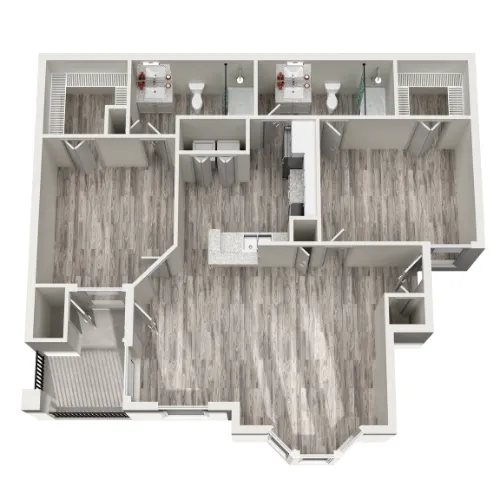 Modern floor plan showcasing a spacious 3-bedroom apartment with sleek hardwood floors, two elegant bathrooms, a contemporary kitchen with an island, and an inviting open-concept living area.