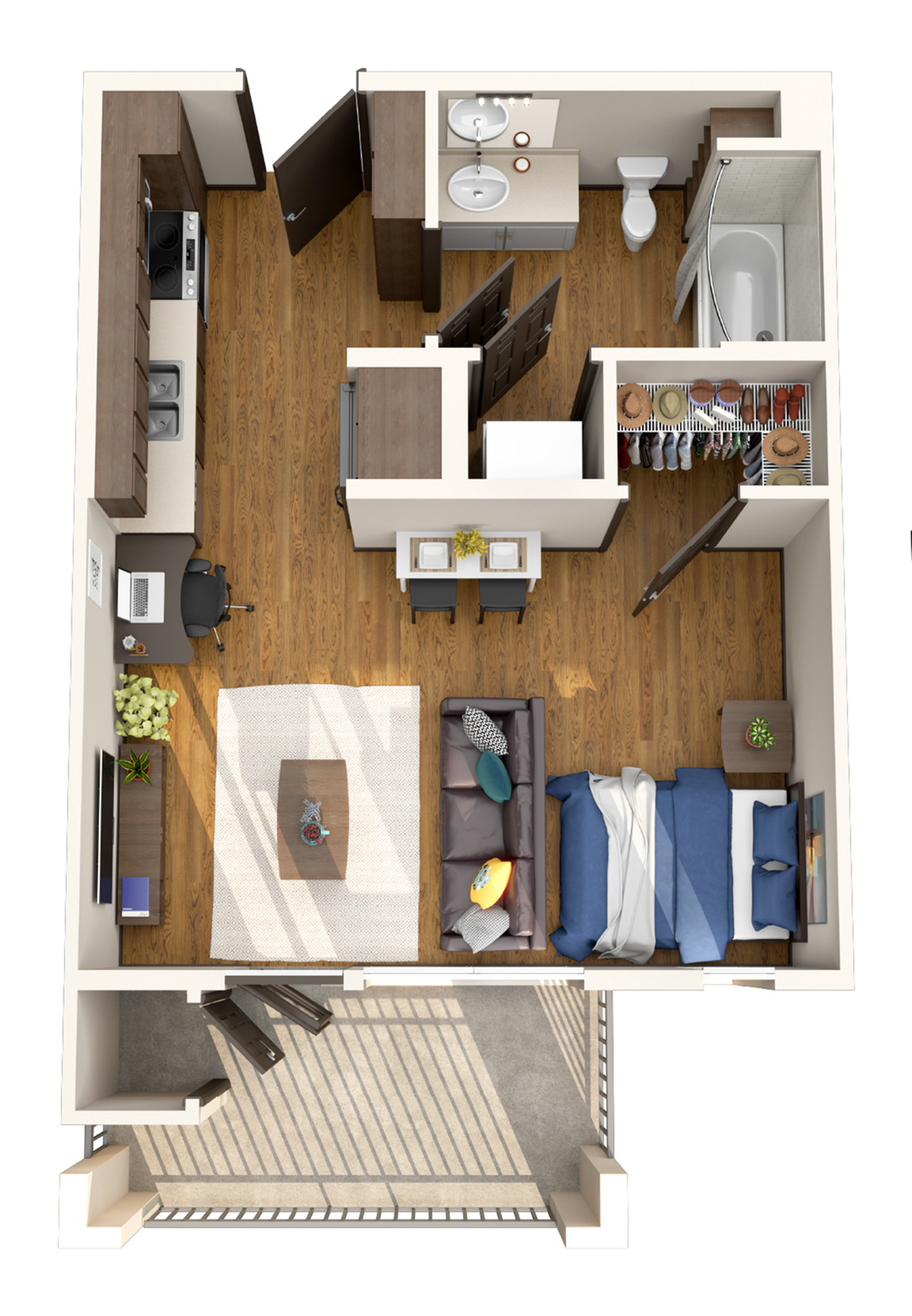 Chic 1-bedroom apartment floor plan with open living area, modern kitchen, spacious bathroom, and inviting balcony.